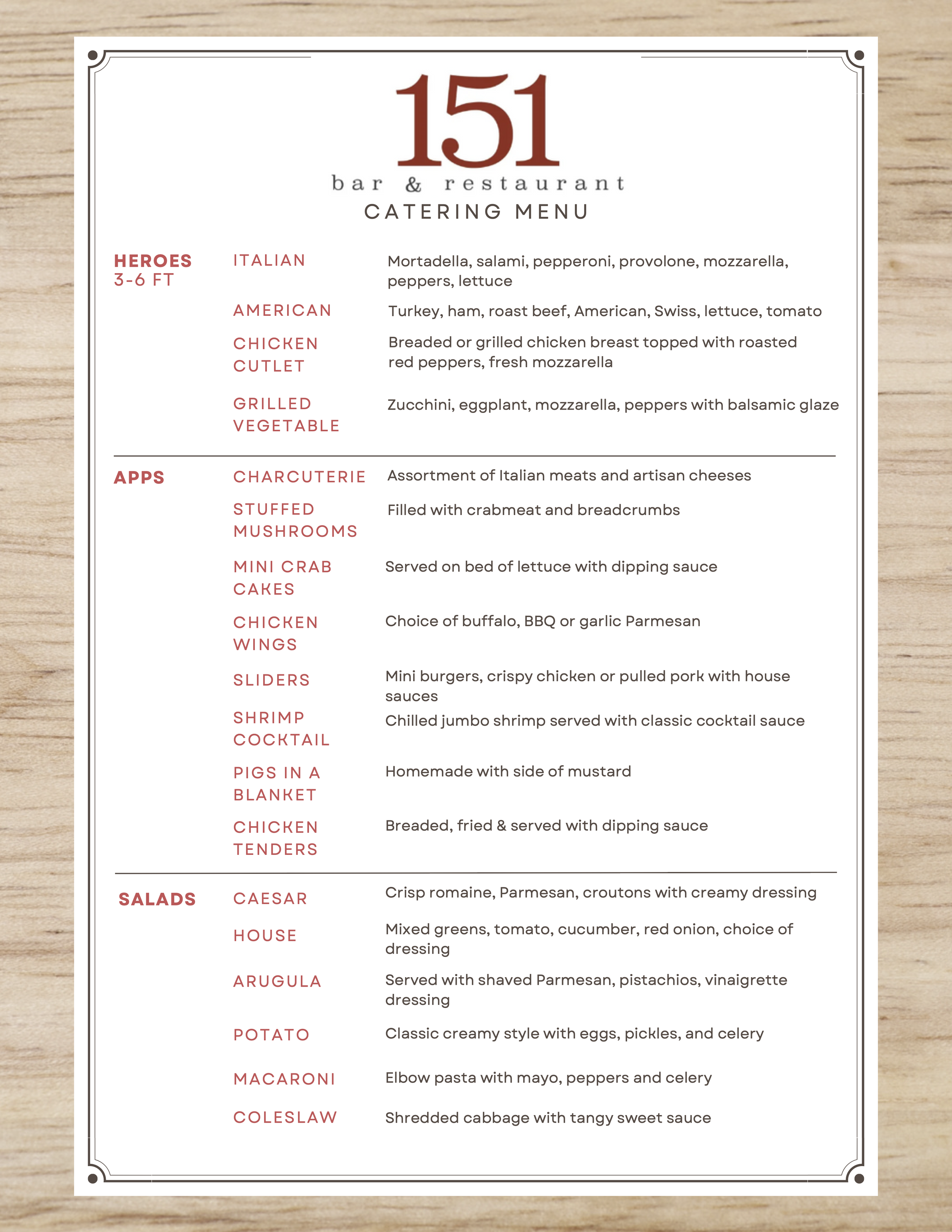 Catering menu for 151 bar and restaurant, listing options such as heroes, apps, salads, and their ingredients.