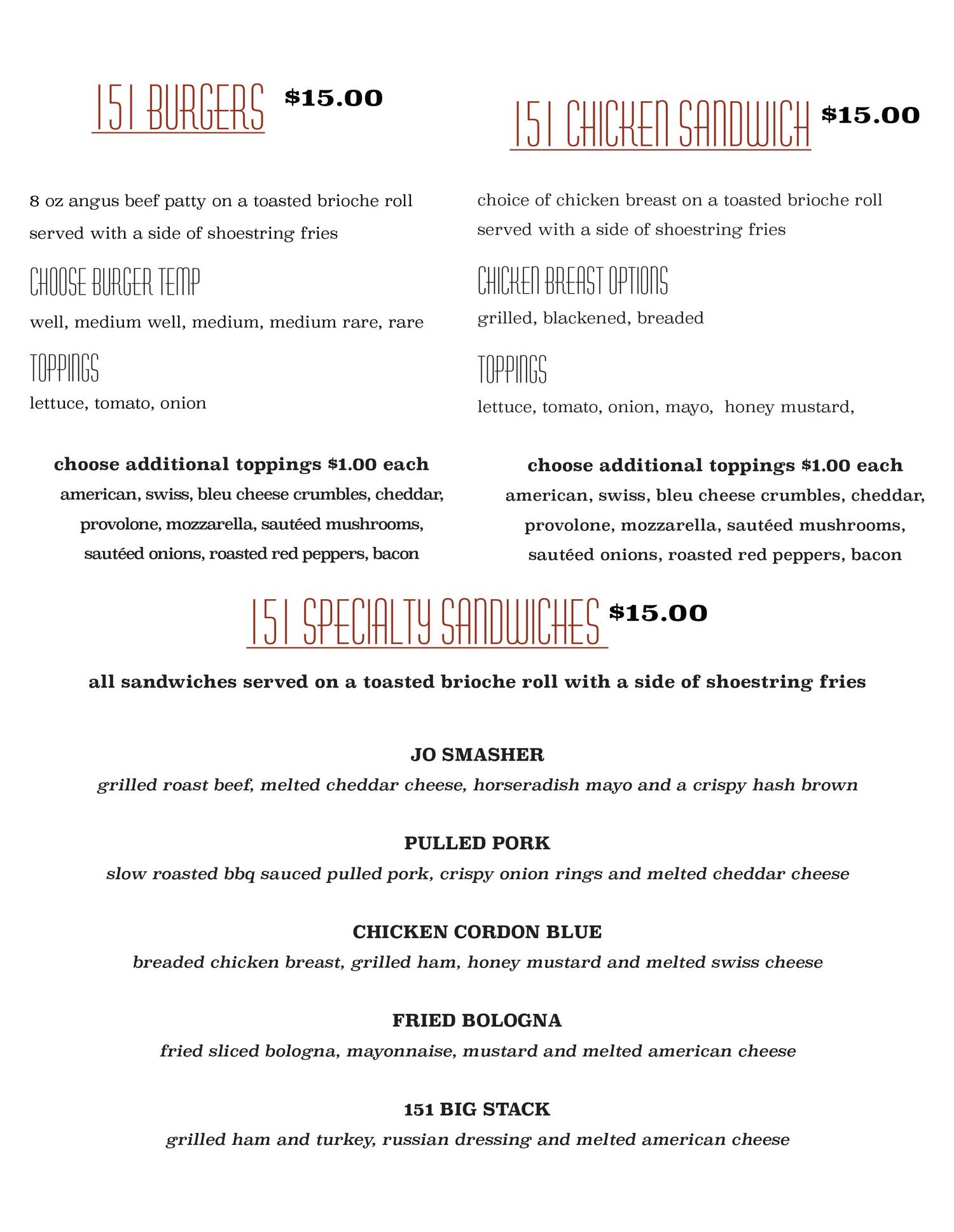 Menu with options for burgers, chicken sandwiches, and specialty sandwiches, including prices and toppings.