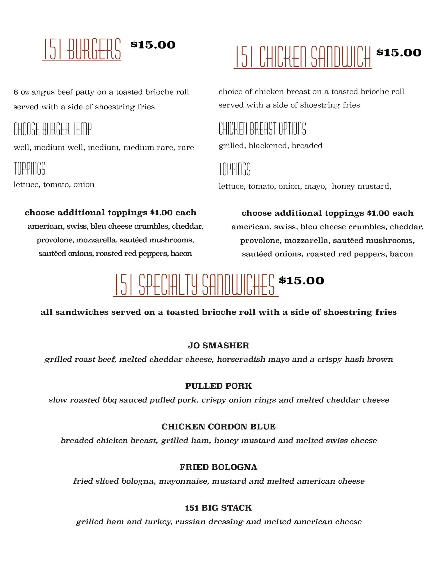 Menu | Discover Great Food — Visit Today — 151 Bar & Restaurant
