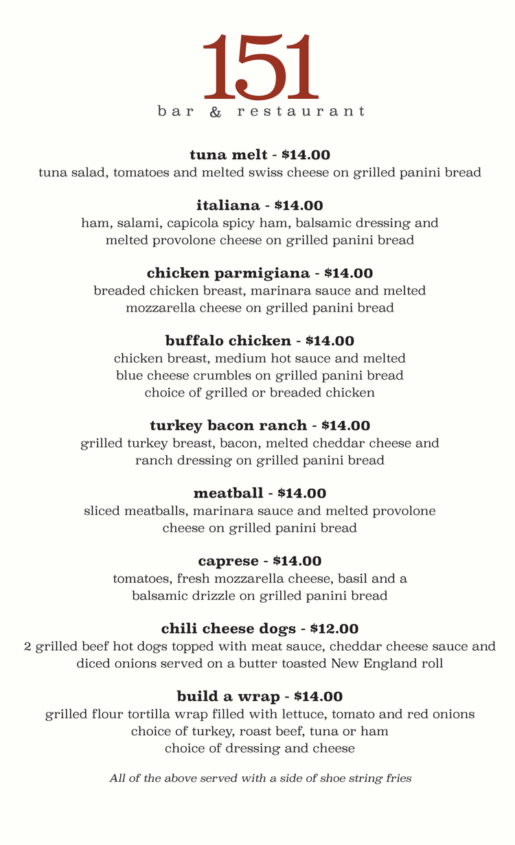Menu | Discover Great Food — Visit Today — 151 Bar & Restaurant