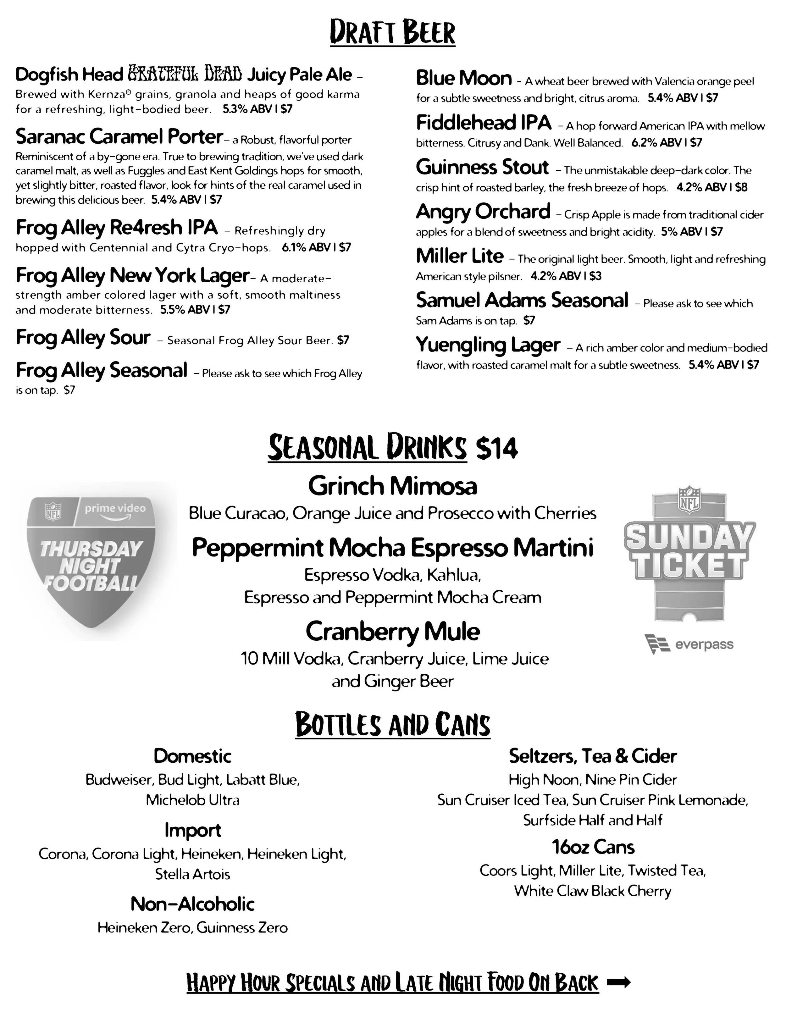 A menu featuring craft beers, seasonal drinks, bottles, and cans, with logos of NFL Thursday Night Football and Sunday Ticket.