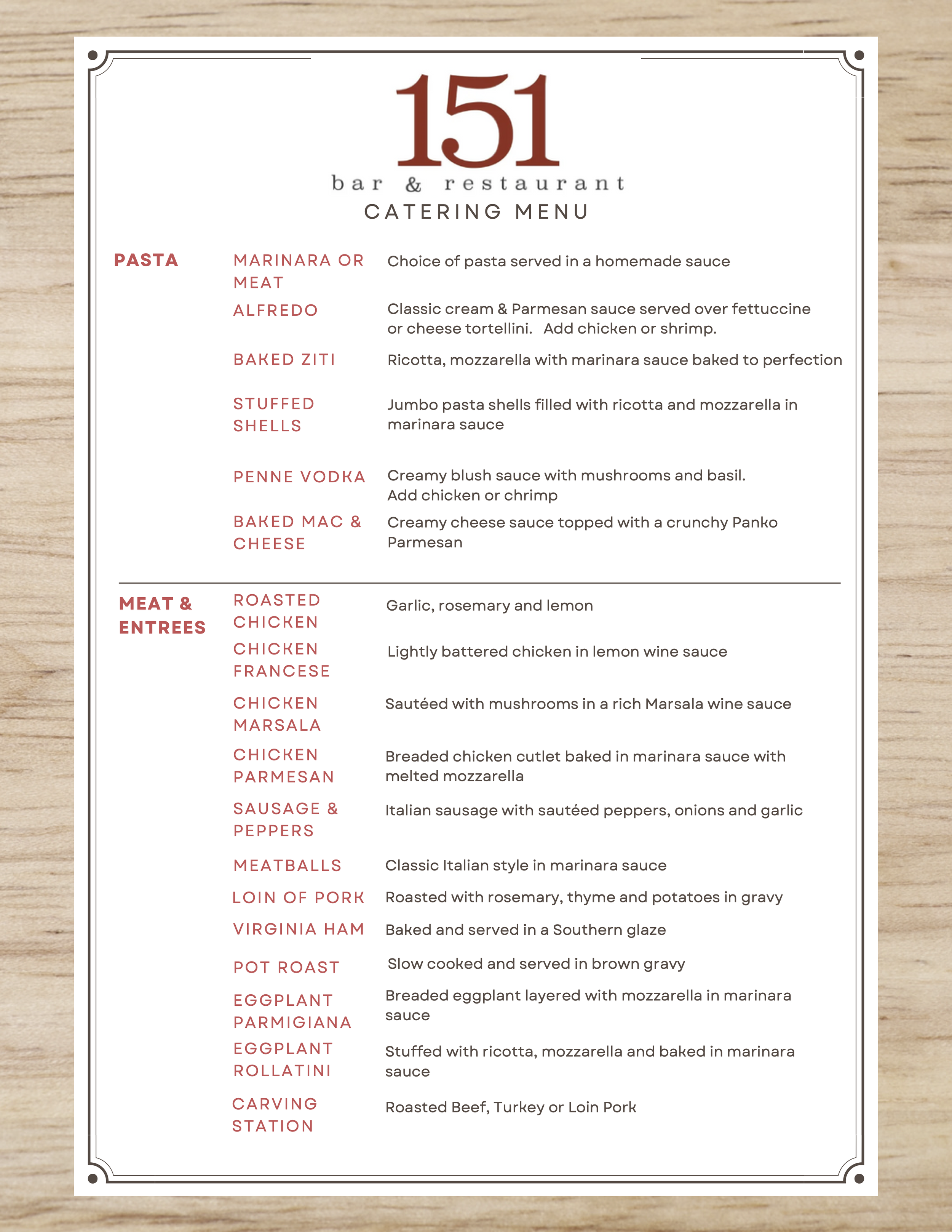 Catering menu for 151 bar and restaurant featuring pasta and meat entrees with descriptions.