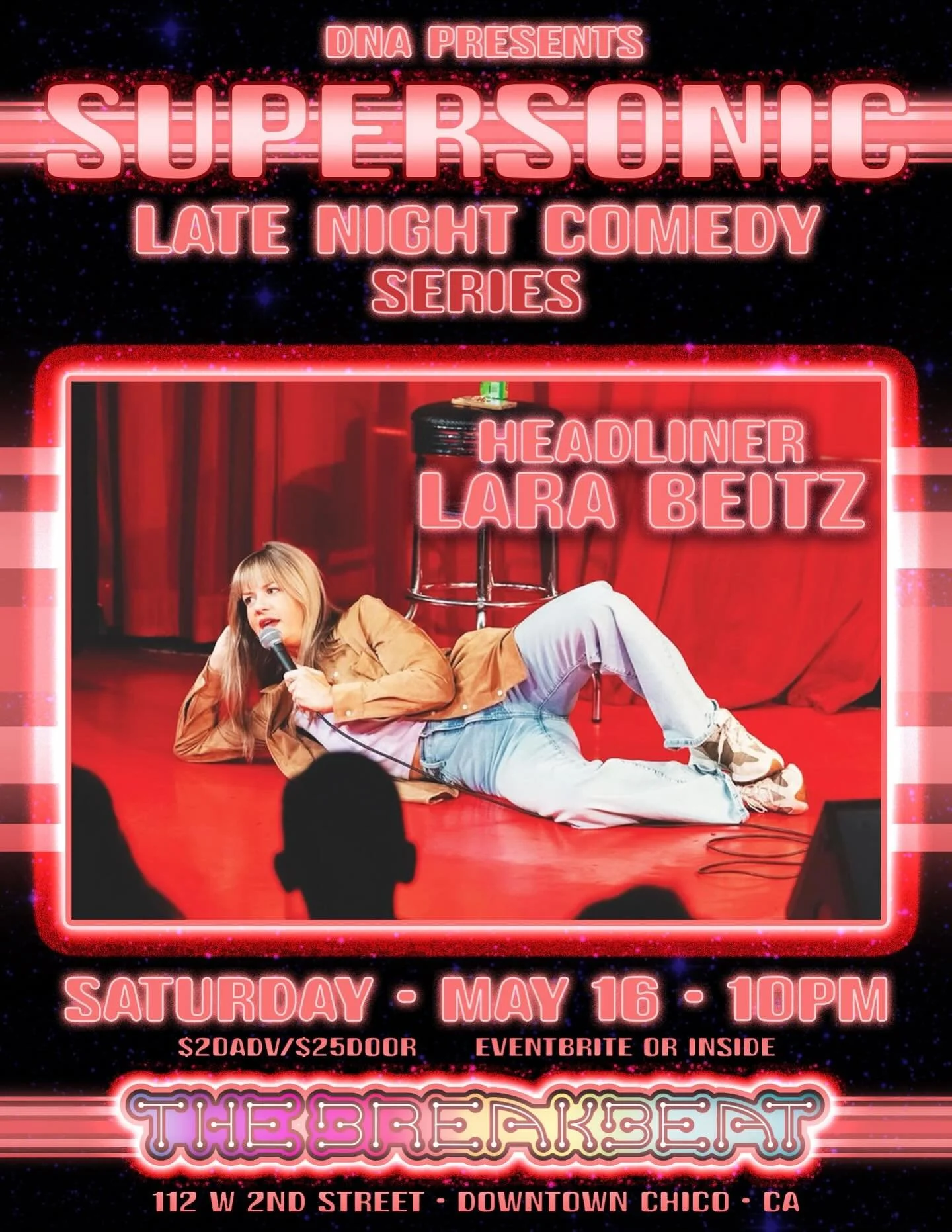 Lara Beitz has appeared on late night with Stephen Colbert, Apple TV, Amazon prime - this is a rare opportunity to see such an established comedian in an intimate setting.  This is a 90 minute comedy show also featuring comics from LA, Chico and host