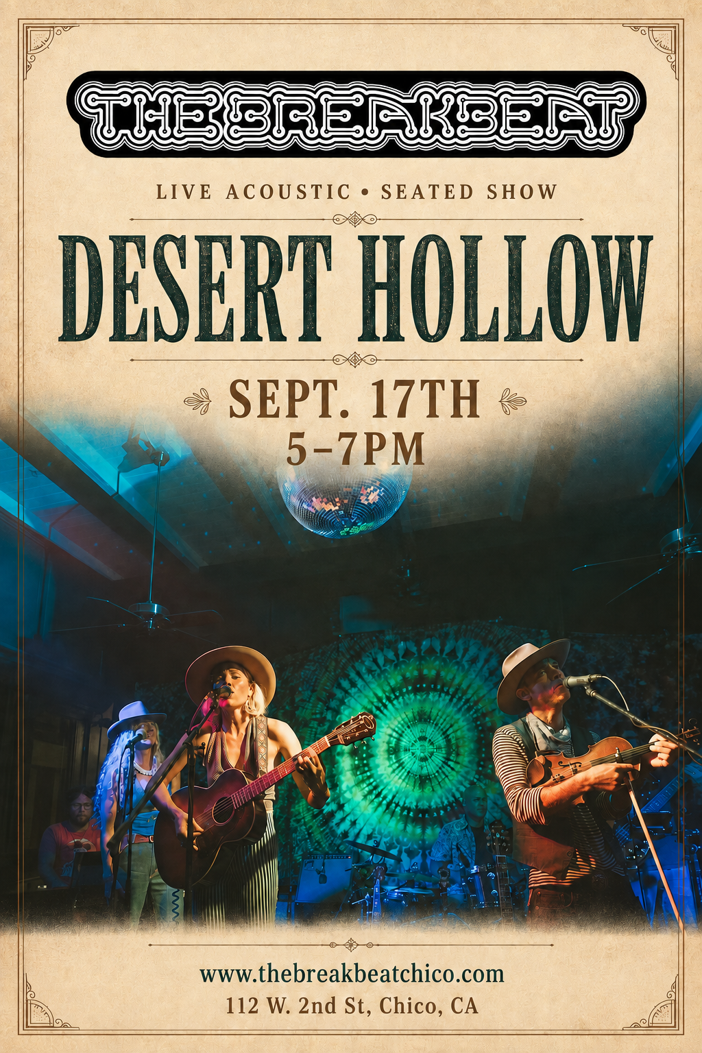 Vintage-style flyer for Desert Hollow’s live acoustic seated show at The Breakbeat on Sept. 17th from 5–7 PM, featuring the band performing under blue-green stage lights.