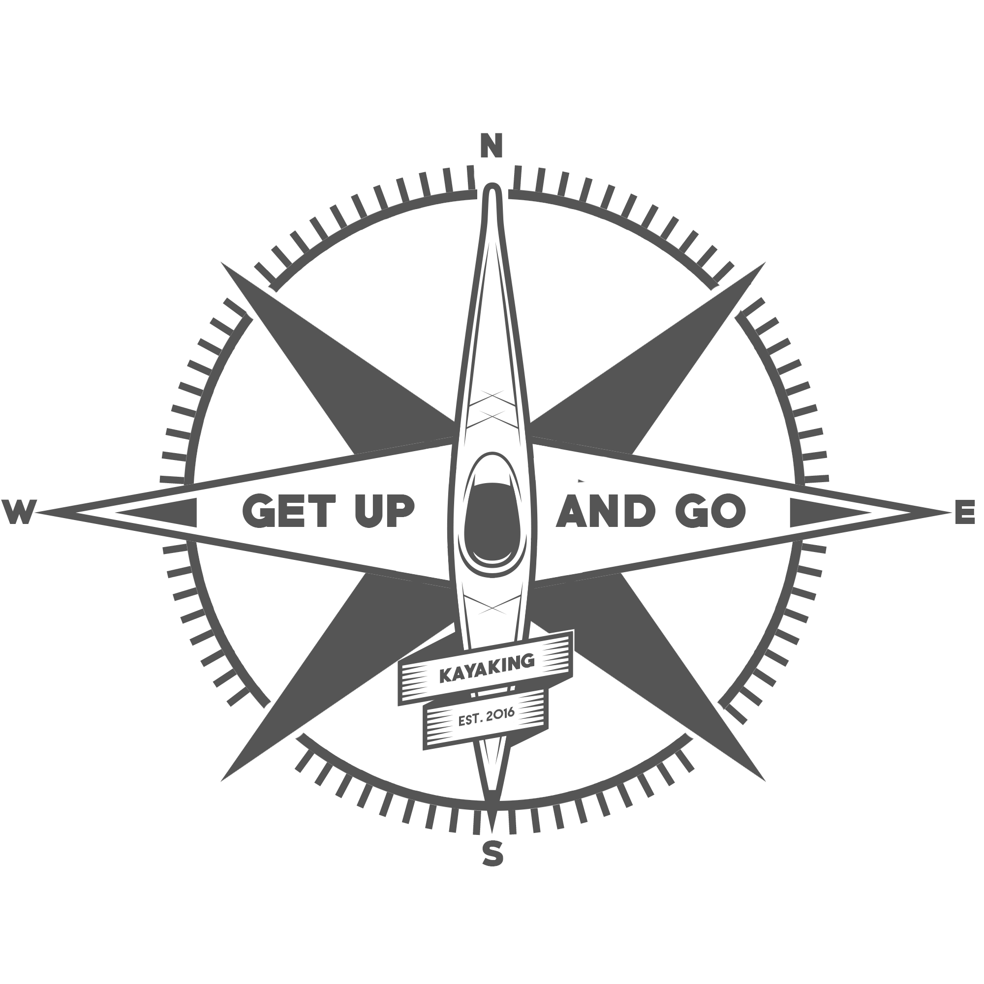 A compass rose with an illustration of a kayak at the center. The text 'GET UP AND GO' is written across the east-west axis, and 'KAYAKING EST. 2016' is on a banner below the kayak. The compass has cardinal points N, E, S, W marked.