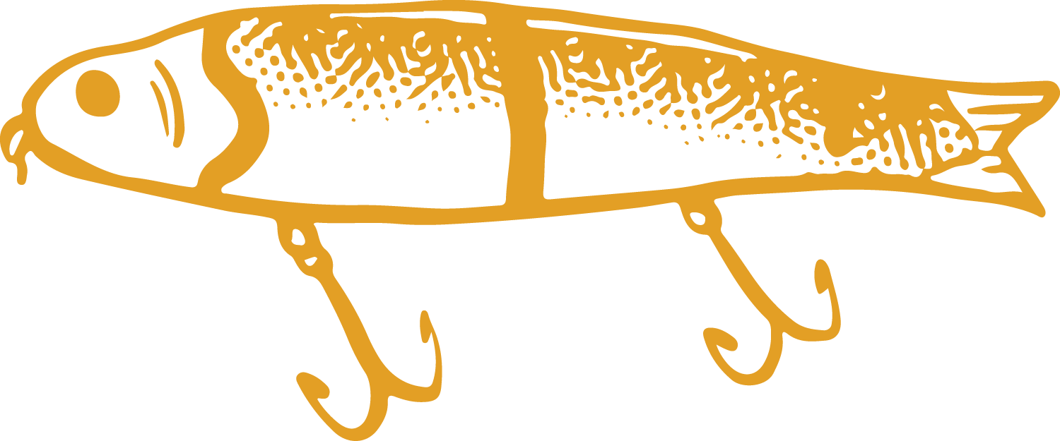 A line drawing of a fish with hooks hanging from its body.
