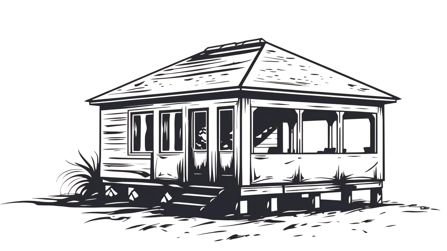 A partially constructed house showing the wooden framework, a pitched roof, and some plants in the foreground.