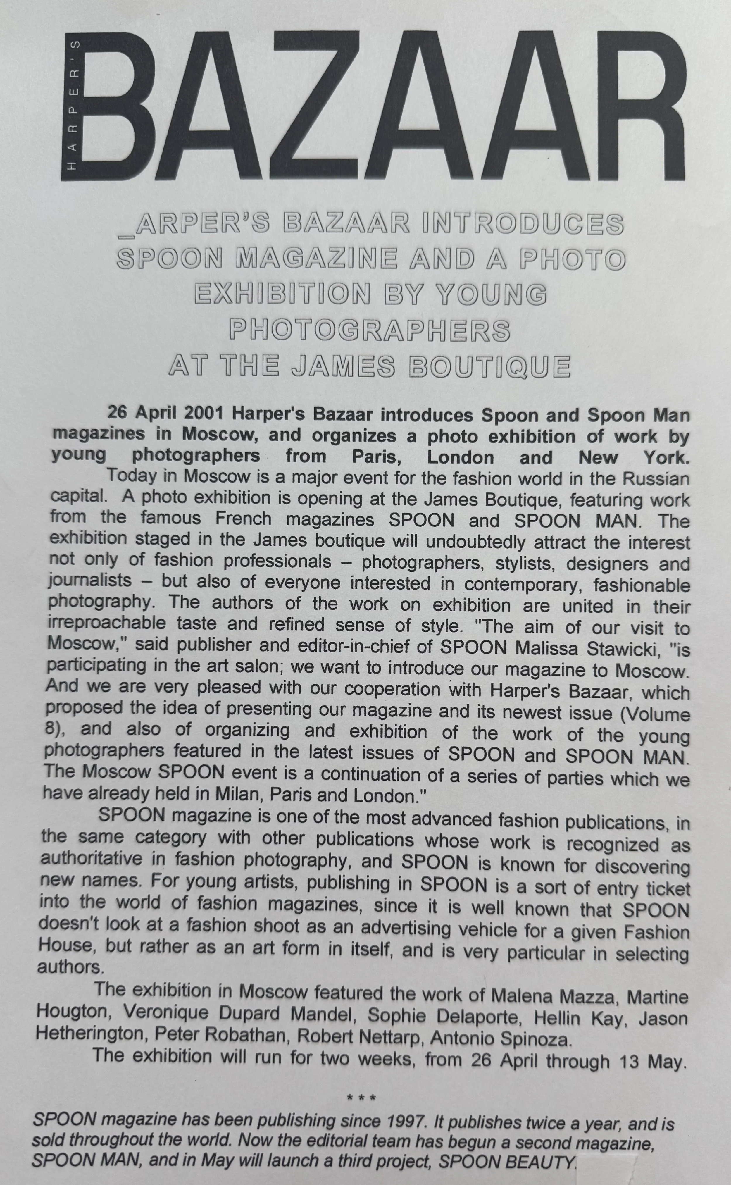 Harper's Bazar invites SPOON- 26 April 2001