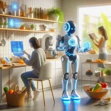 A robot in a modern kitchen interacting with a woman at a tablet and two women reading books, with various kitchen items and a large window in the background.