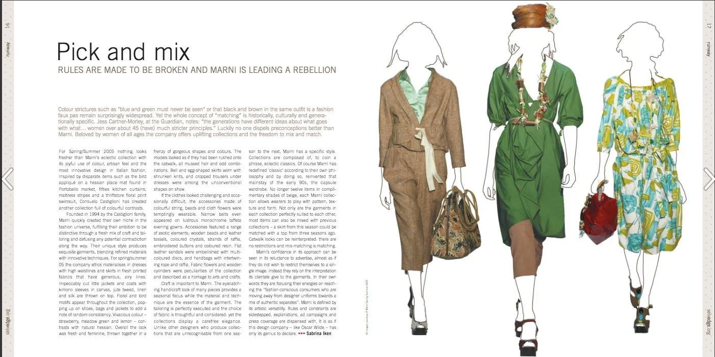 Selvedge Magazine editorial  'Pick and mix' and the subtitle 'Rules are made to be broken and Marni is leading a rebellion' - written by Sabrina Iken