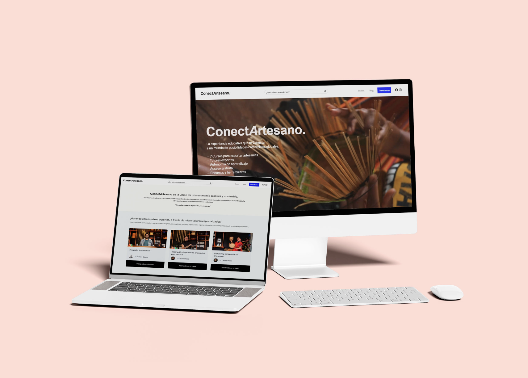 Computer monitor and laptop displaying a website called ConectArtesano related to artisanal crafts, with the main page showing a person working with craft material, on a pink background.