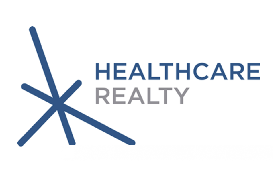 Logos of Healthcare Realty and a stylized medical cross or star in blue.