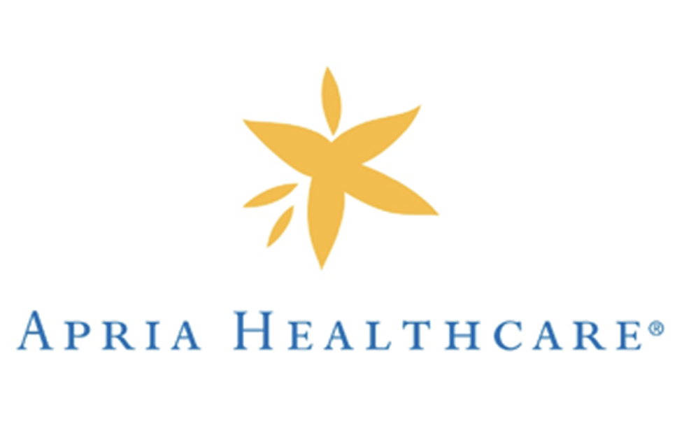 Logo of Apria Healthcare featuring a yellow stylized leaf and blue text.