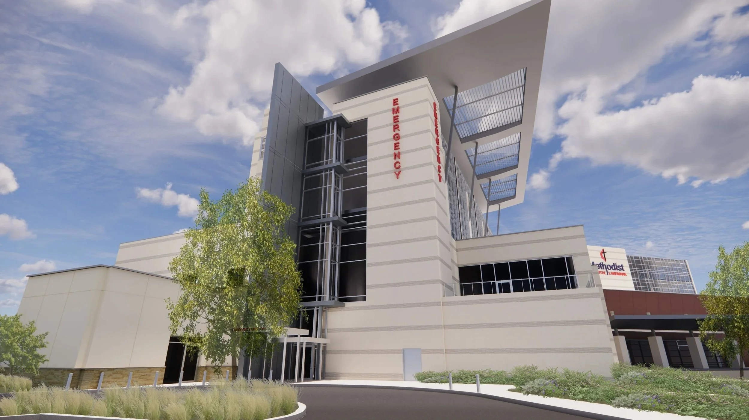 Rendering of a modern hospital building with emergency entrance, surrounded by landscaping and a blue sky with clouds.