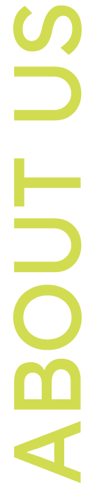 Bold, lime green text spelling 'ABOUT US' vertically on a black background.