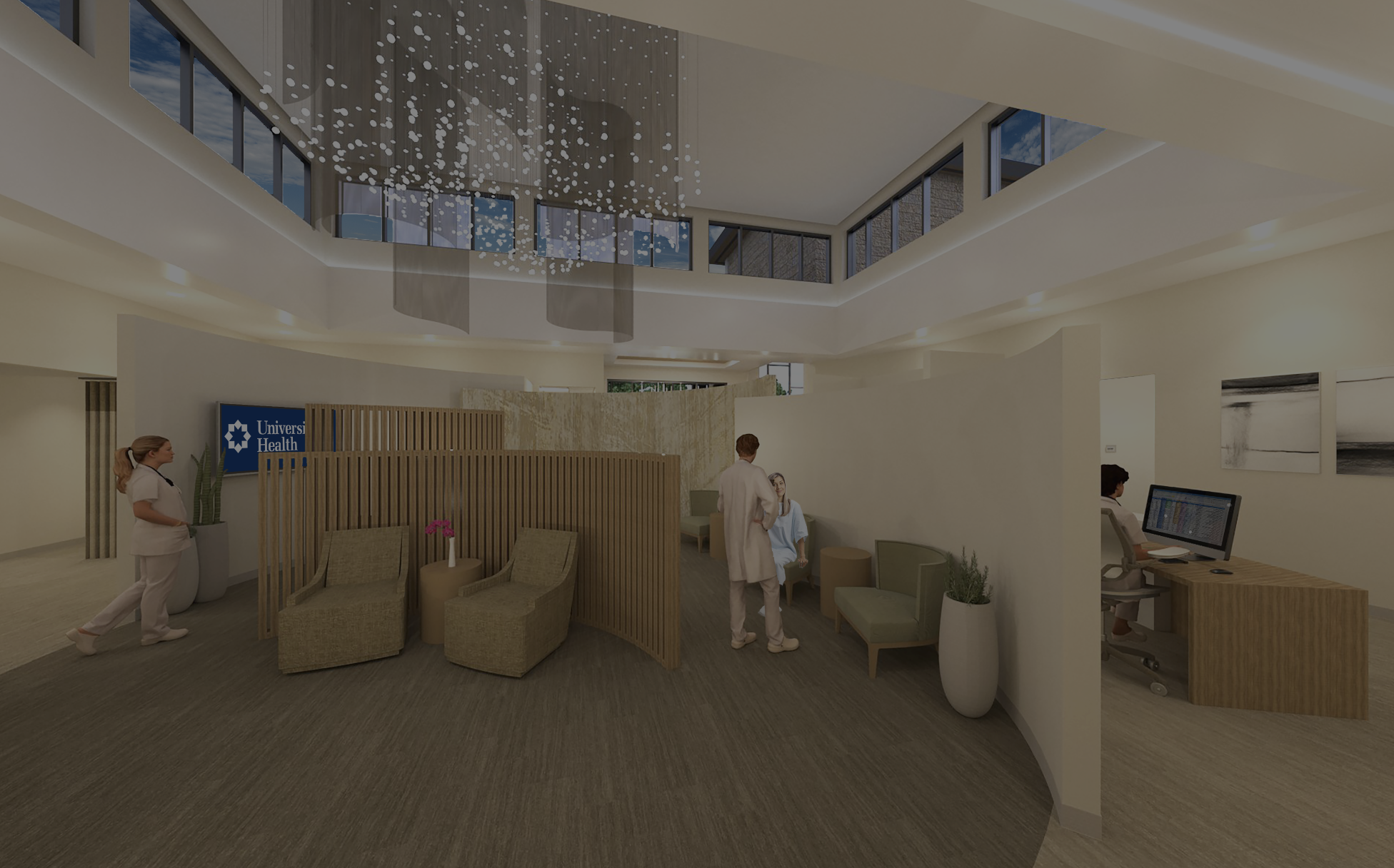 University Health Breast Center. Healthcare. Interior design. Architecture. Hospital waiting area with nurses and staff, beige chairs, decorative partitions, potted plants, a reception desk, and hospital signage reading 'University Health'.