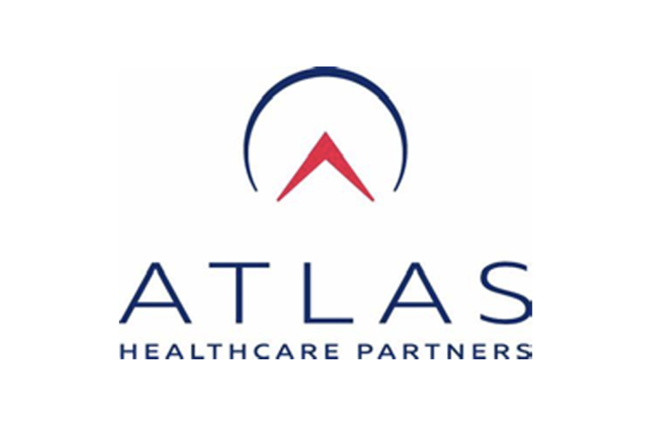 Logo of Atlas Healthcare Partners featuring a stylized compass with a red arrow pointing upward, with the company name below.