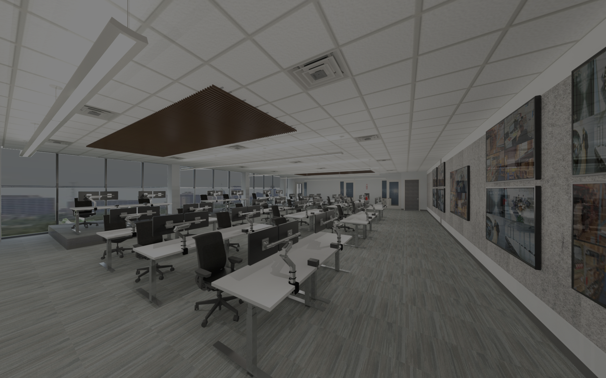 Pro-Vigil Office. Corporate Office.  Interior design. Architecture. Modern office conference room with rows of desks and chairs, large windows with city view, wall-mounted screens, gray patterned carpet, and a ceiling with wooden accents.