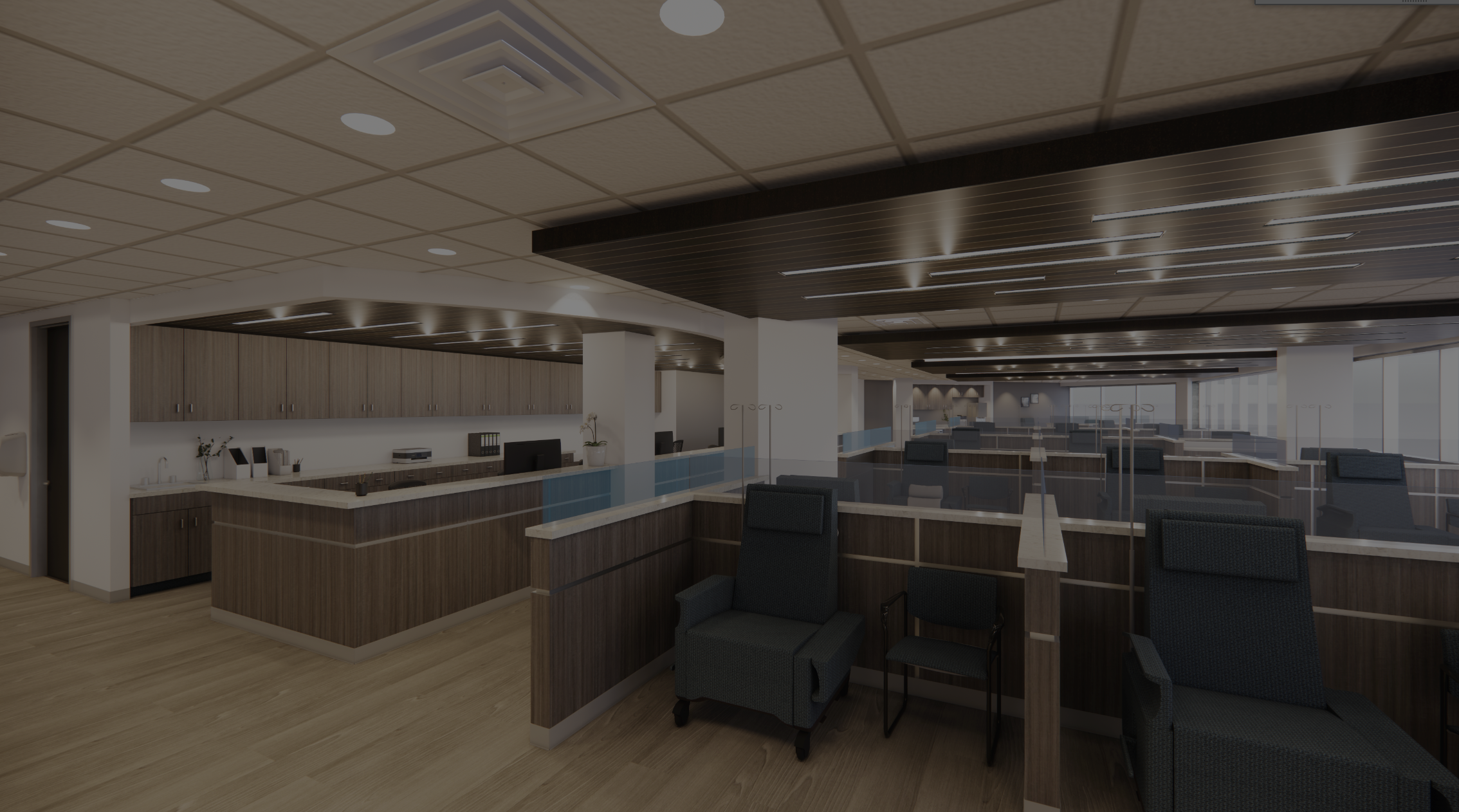 Next Oncology. Healthcare. Interior design. Architecture. Modern hospital or clinic waiting area with chairs and a reception desk, featuring wood paneling, large windows, and ceiling lights.