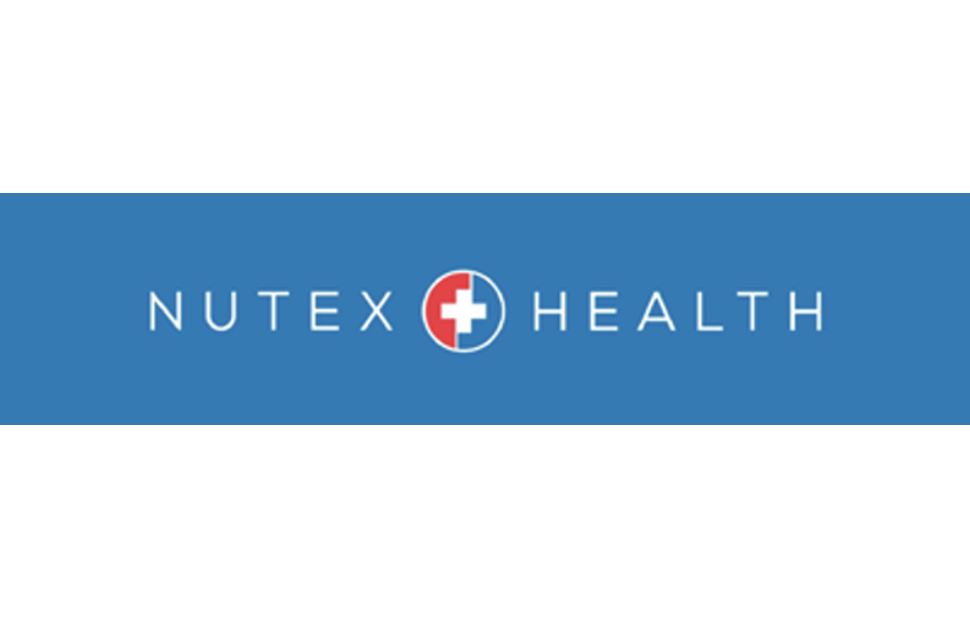 Logo of Nutex Health with a blue background, featuring a red and white medical cross inside a circle, and the words 'NUTEX HEALTH' surrounding it.