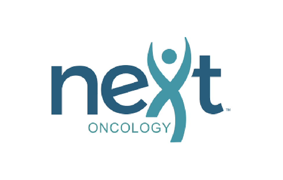 Next Oncology logo with stylized human figure as part of the letter X.