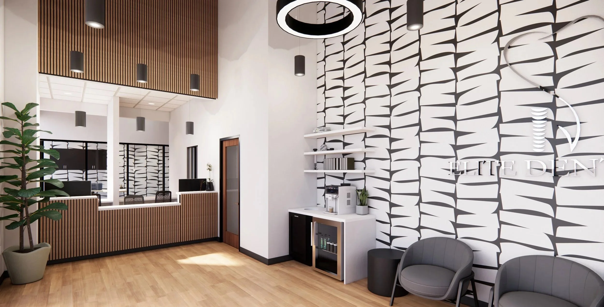 Modern office or reception area with a black and white geometric patterned accent wall, wooden panel ceiling, waiting area with gray chairs, a small coffee station with shelves, a wood and black desk, potted plants, and contemporary lighting fixtures.