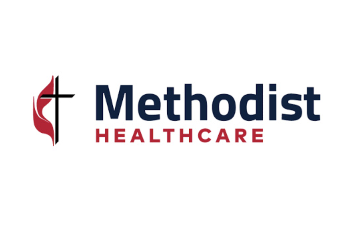 Methodist Healthcare logo with a stylized cross and flame symbol, and text in navy and red.