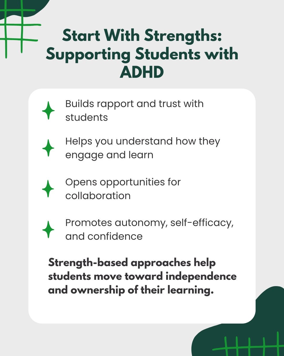 The FSC Connections Lab is coming off a few exciting PD sessions! We shared information about simple ways to integrate students&rsquo; strengths in the classroom. Students with ADHD are often described in terms of challenges &mdash; but starting with
