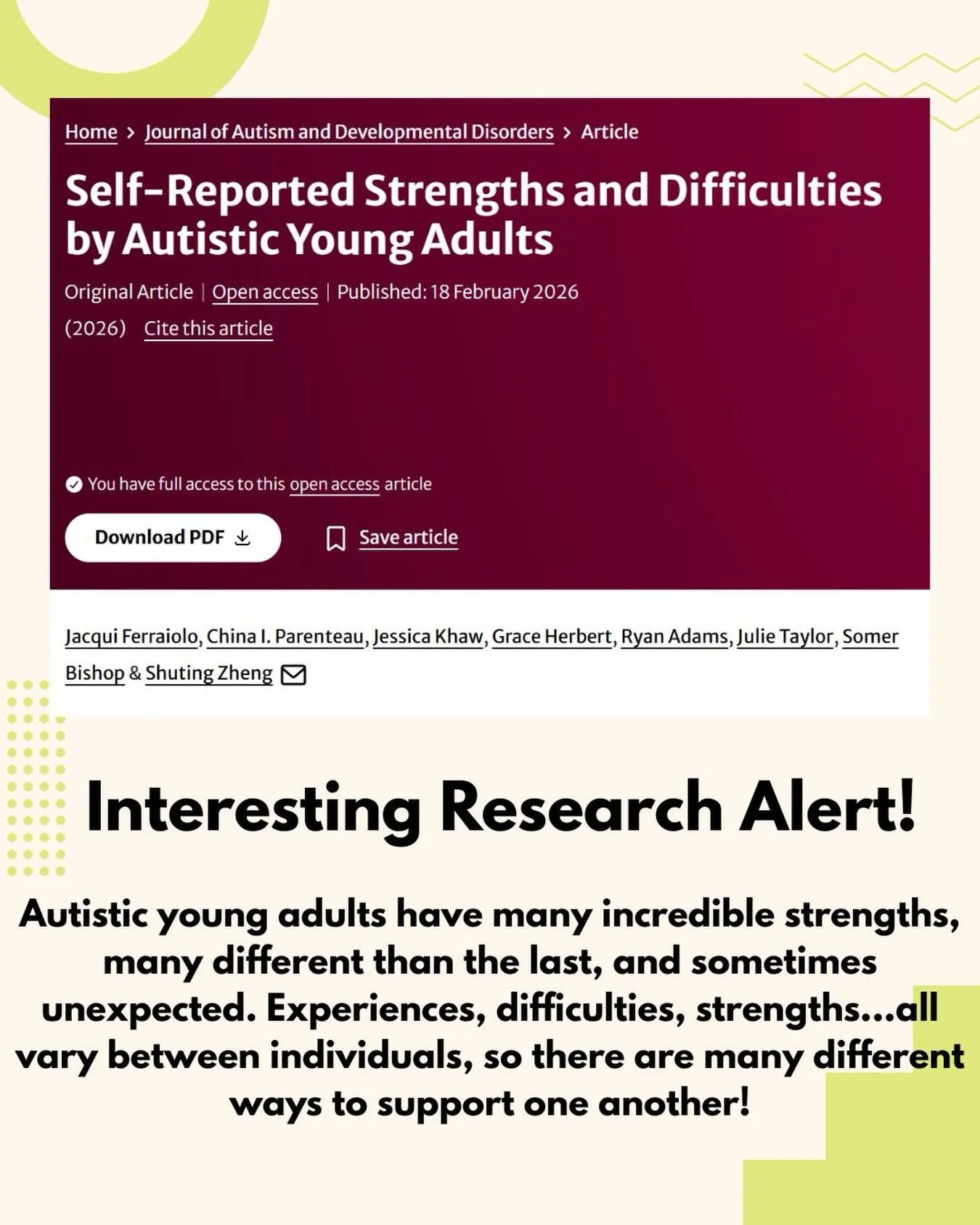 Interesting Research Alert! From Ferraiolo et al. 2026 - Autistic young adults experience a wide range of strengths and challenges, many of which do not fit traditional assumptions! Listening to lived experiences is key to building meaningful, indivi