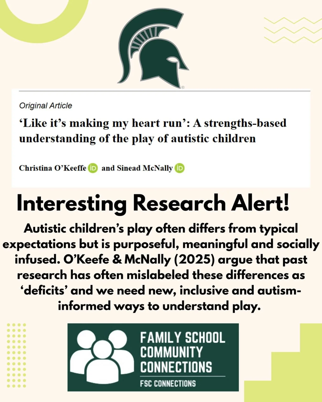 Interesting Research Alert! Autistic children&rsquo;s play is meaningful and infused with social value. O&rsquo;Keefe &amp; McNally (2025) explored autistic children&rsquo;s own view of play using semi-structured interviews and argue that we need a n