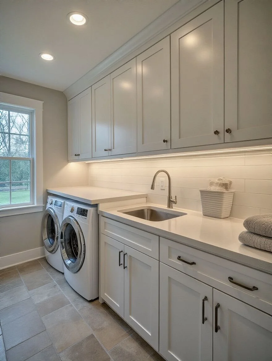 Laundry room with white cabinets, a small sink, a window, a countertop, a basket with cleaning cloths, and folded towels.
