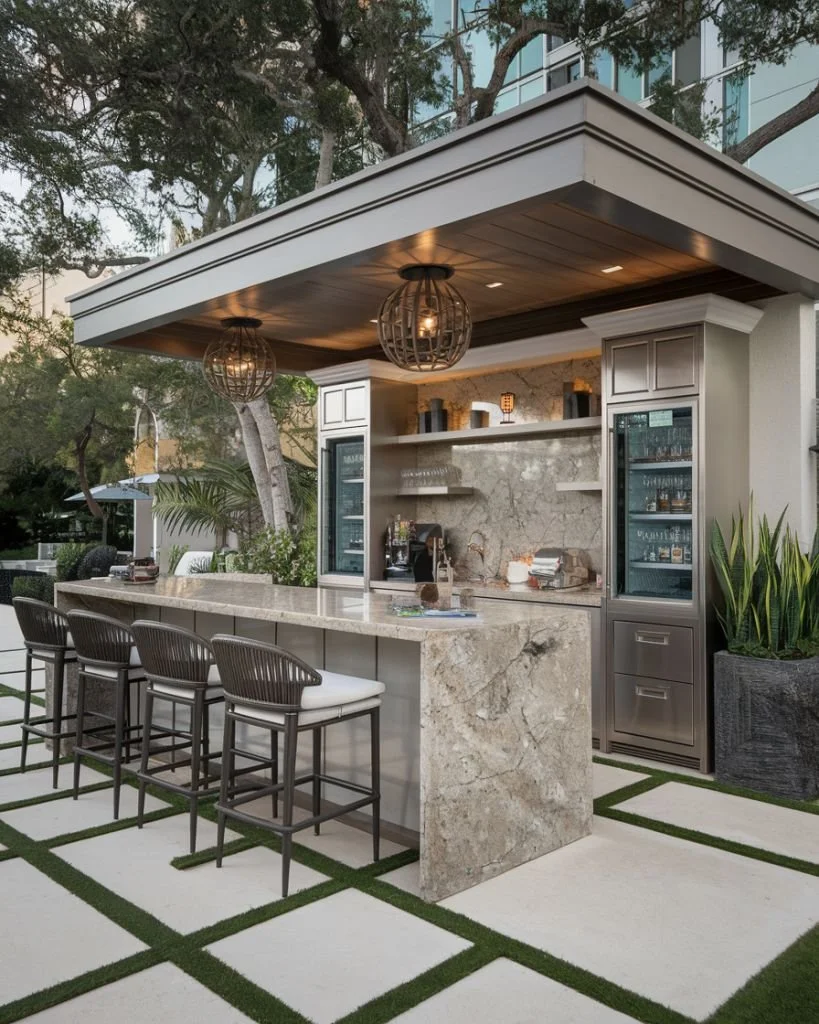 Outdoor bar with marble countertop and four bar stools, built-in cabinet, glass display fridge, and decorative pendant lights, set in a landscaped patio area.