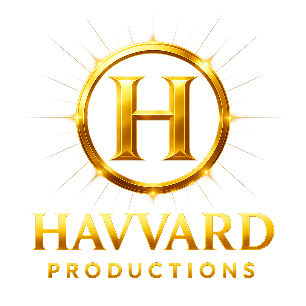 A golden logo with the letter H inside a glowing circle, and the words "Harvard Productions" below it in gold.