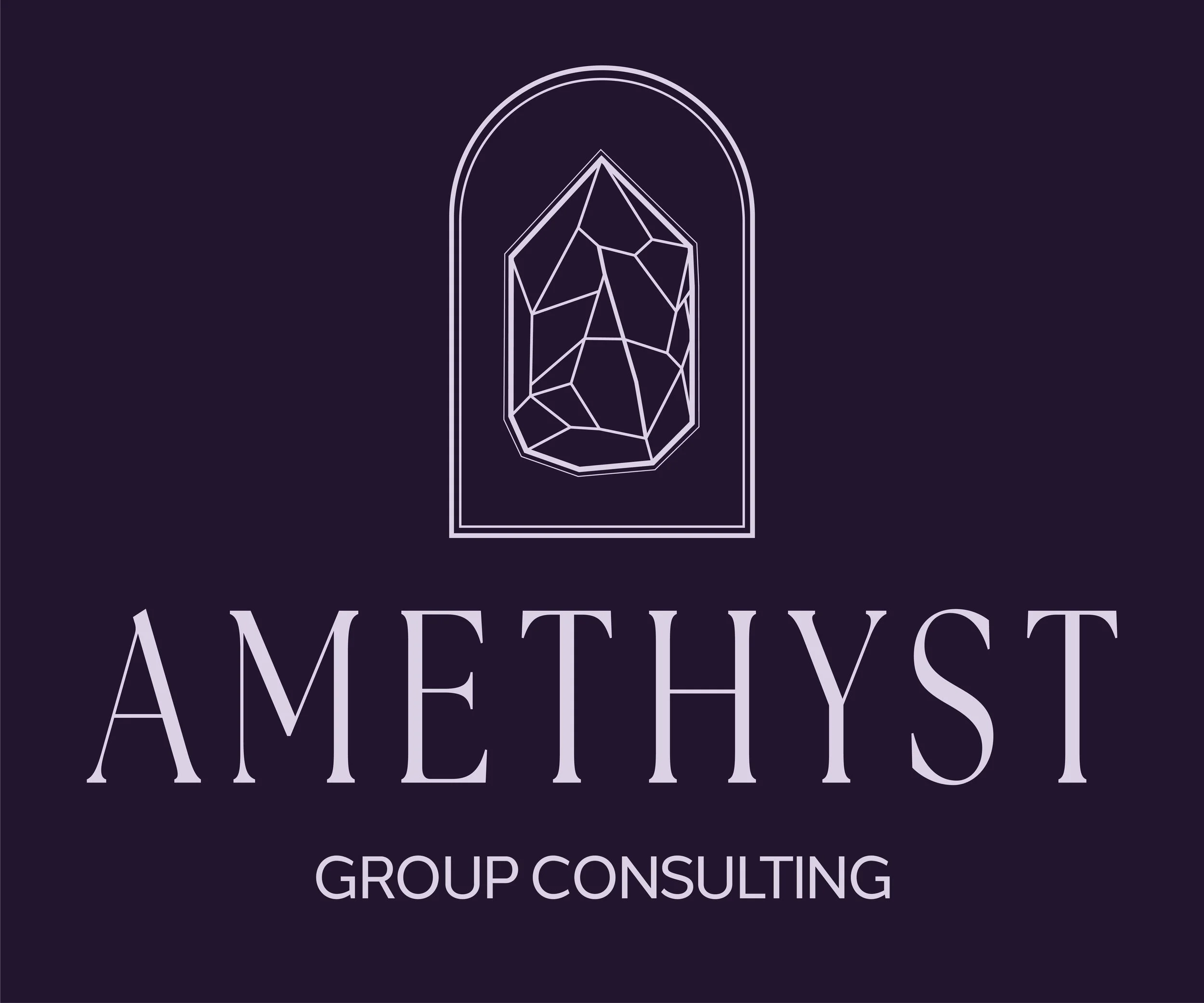 Logo for Amethyst Group Consulting featuring a geometric amethyst gemstone inside a rounded rectangular outline and the text "Amethyst Group Consulting" below.