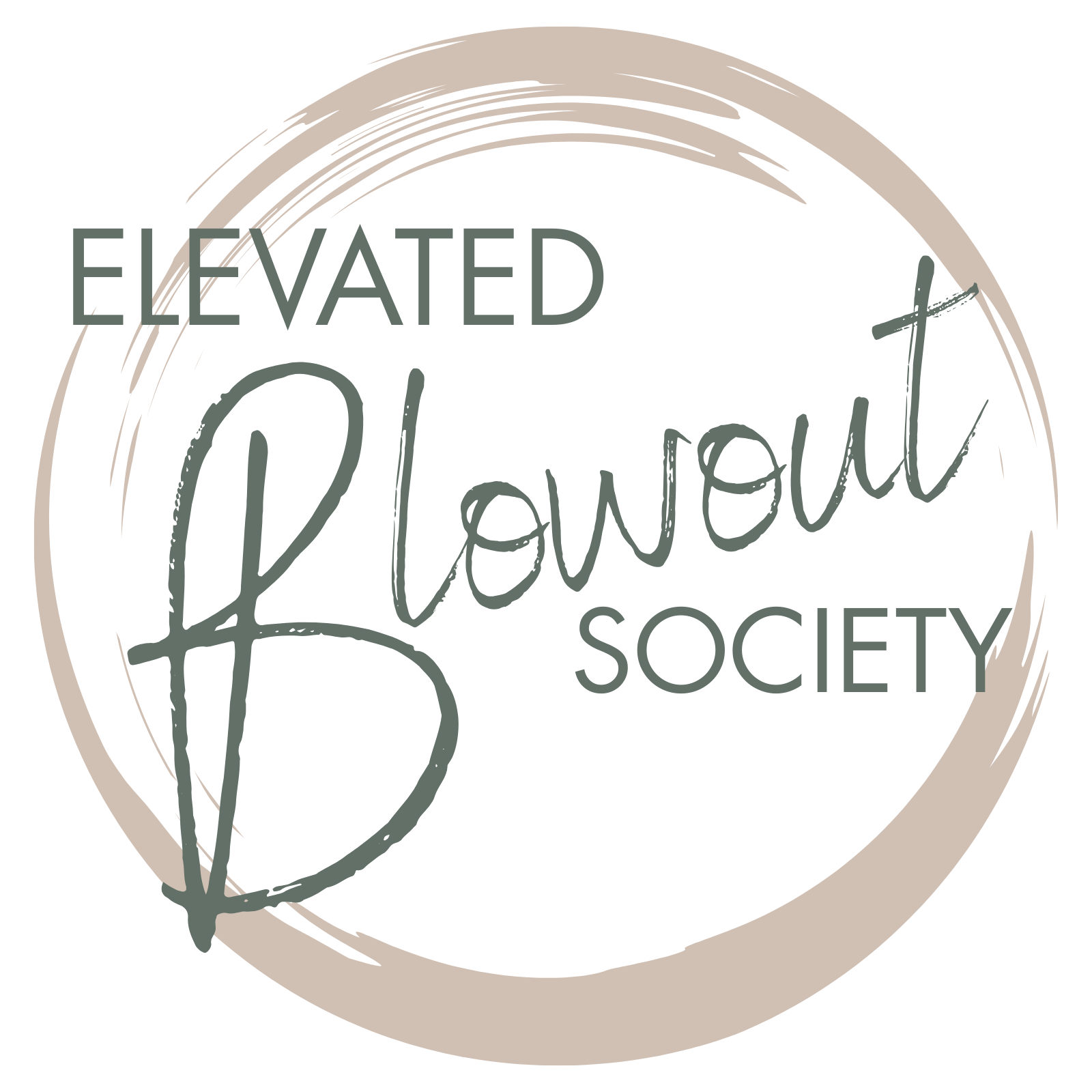 Logo of Elevated Flower Society with stylized text and a circular brushstroke design.