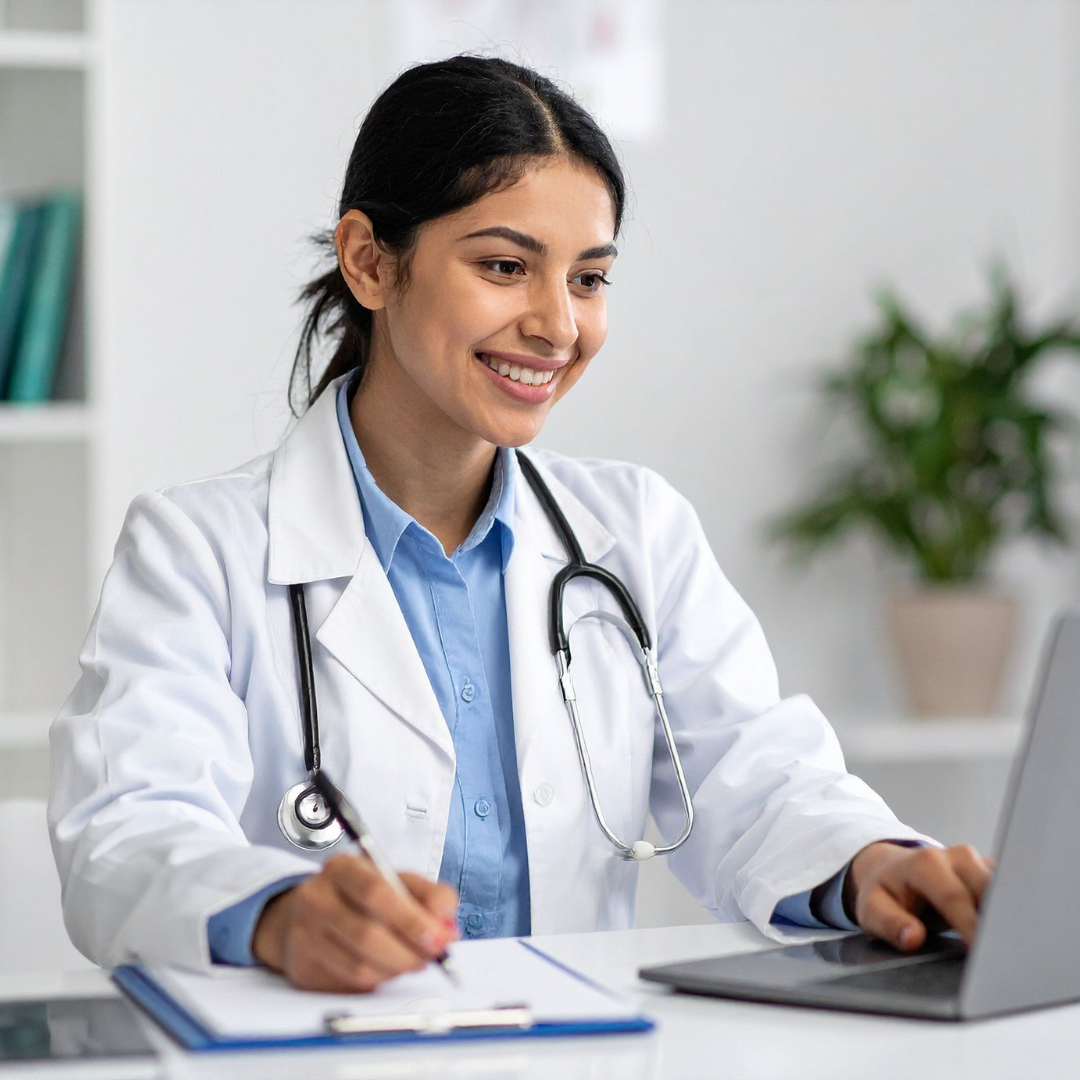 A female healthcare professional wearing a white coat and stethoscope, sitting at a desk working on a laptop and writing on a clipboard.