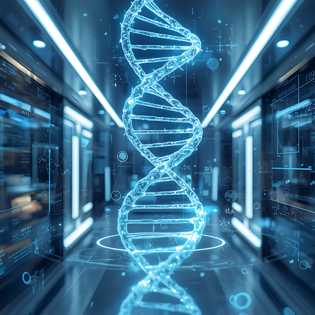 A digital rendering of a DNA double helix floating in a high-tech laboratory with holographic data displays.