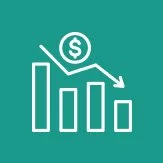 A declining bar graph with a downward arrow and a dollar sign, indicating decreasing financial or business performance.