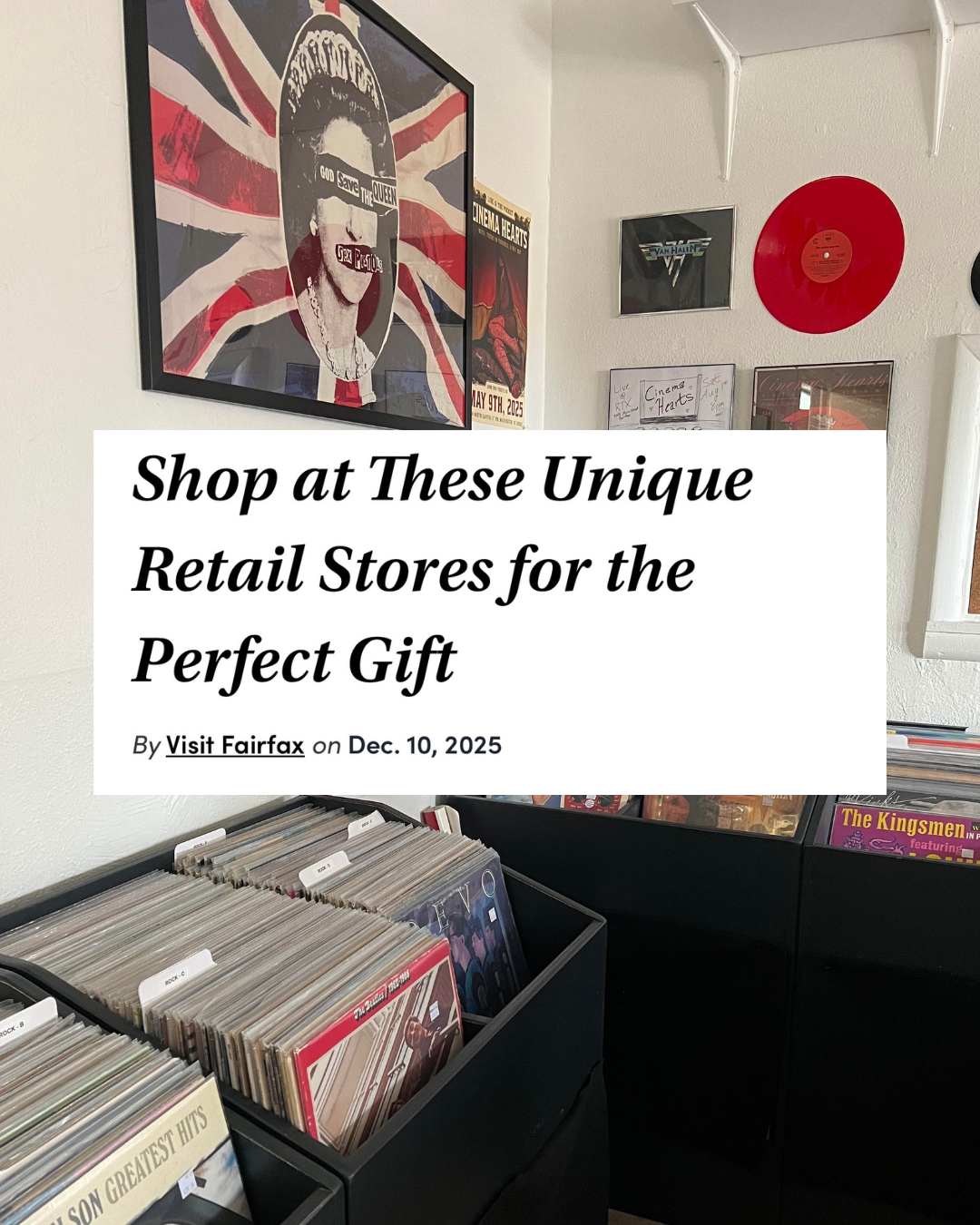 Display of vintage vinyl records and music posters on the wall, including a prominent portrait with a Union Jack background and various framed album covers, indicating a music or record store.