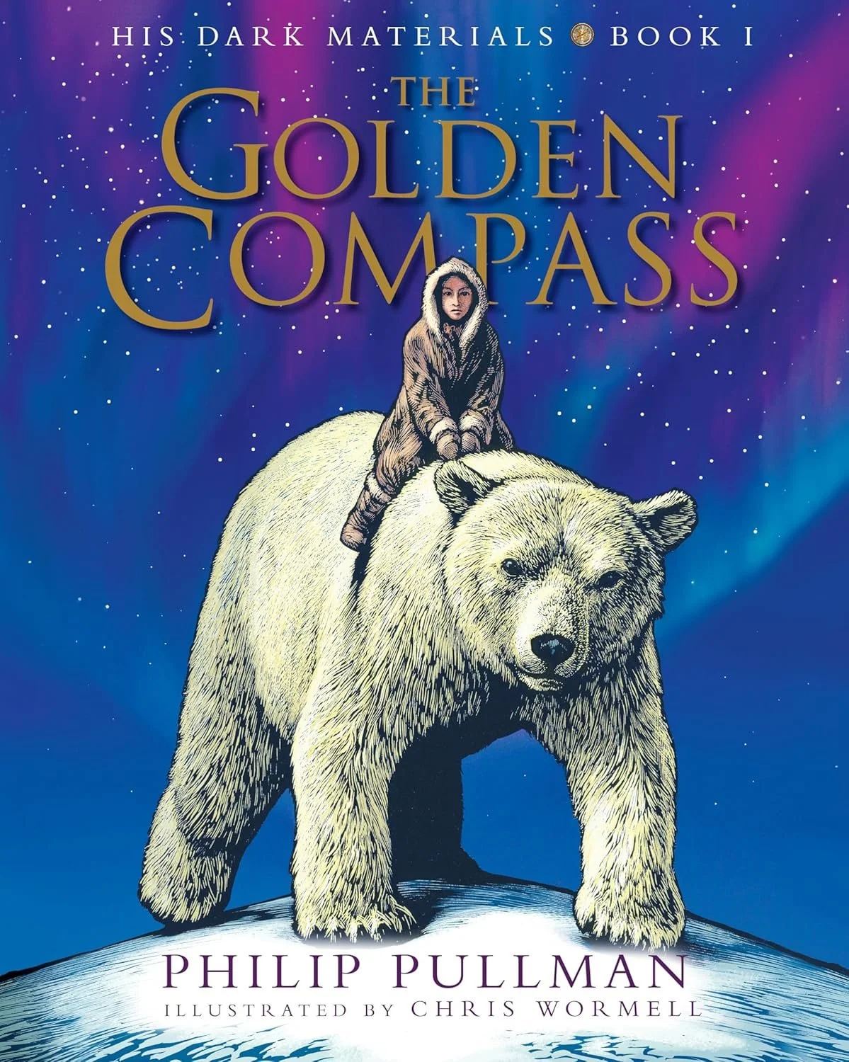 Book cover for 'The Golden Compass' by Philip Pullman, illustrated by Chris Wormell, showing a girl riding on a large bear against a starry night sky.