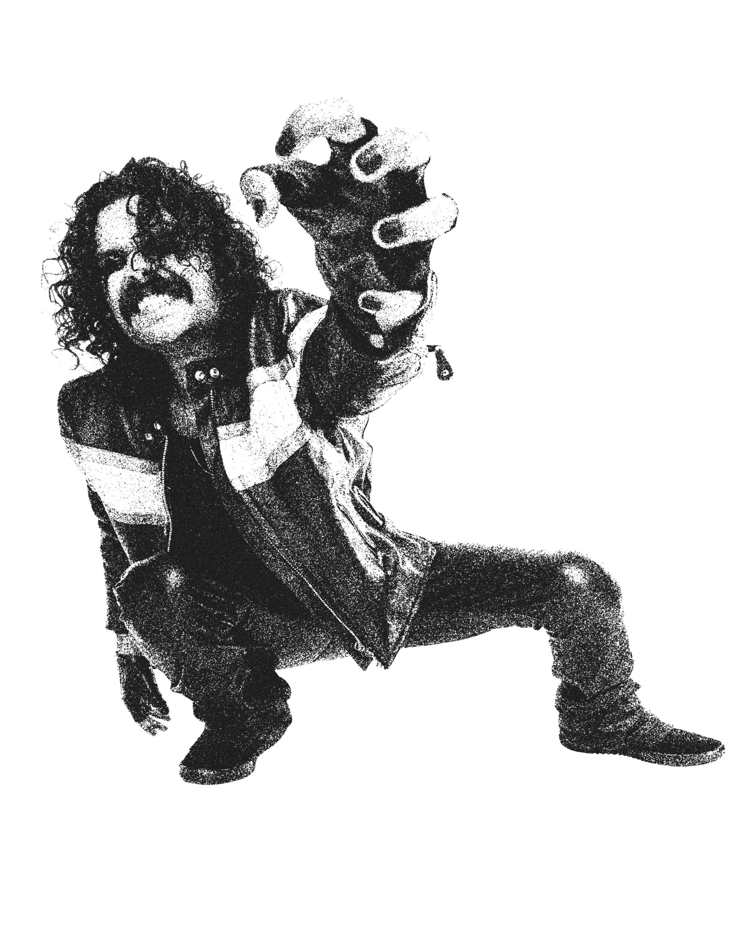 Black and white illustration of a person with curly hair and mustache, sitting on a dog with a young child, in a gritty vintage style.