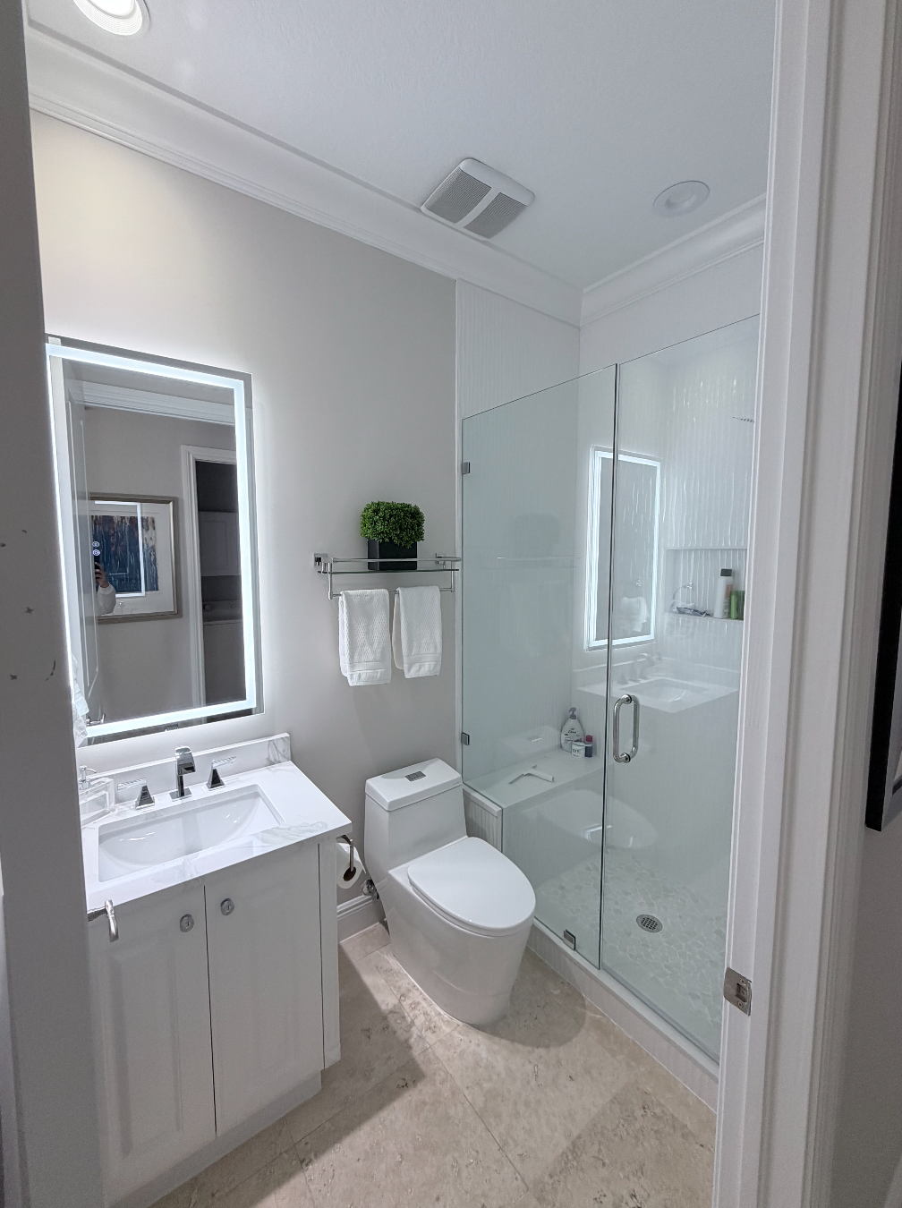 A modern bathroom with a white vanity with a sink, a large illuminated mirror, a toilet, a glass-enclosed shower with a window, and a small potted plant on a chrome towel rack above the toilet.