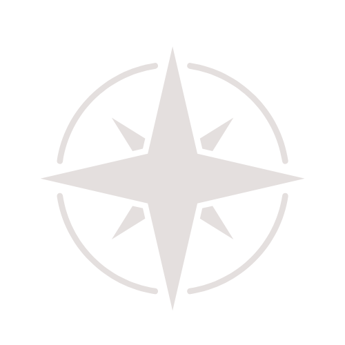A compass rose with a large central star and smaller points, in gray on a black background.