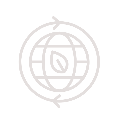 Line drawing of a globe with a leaf inside, surrounded by a circular arrow, representing environmental sustainability.