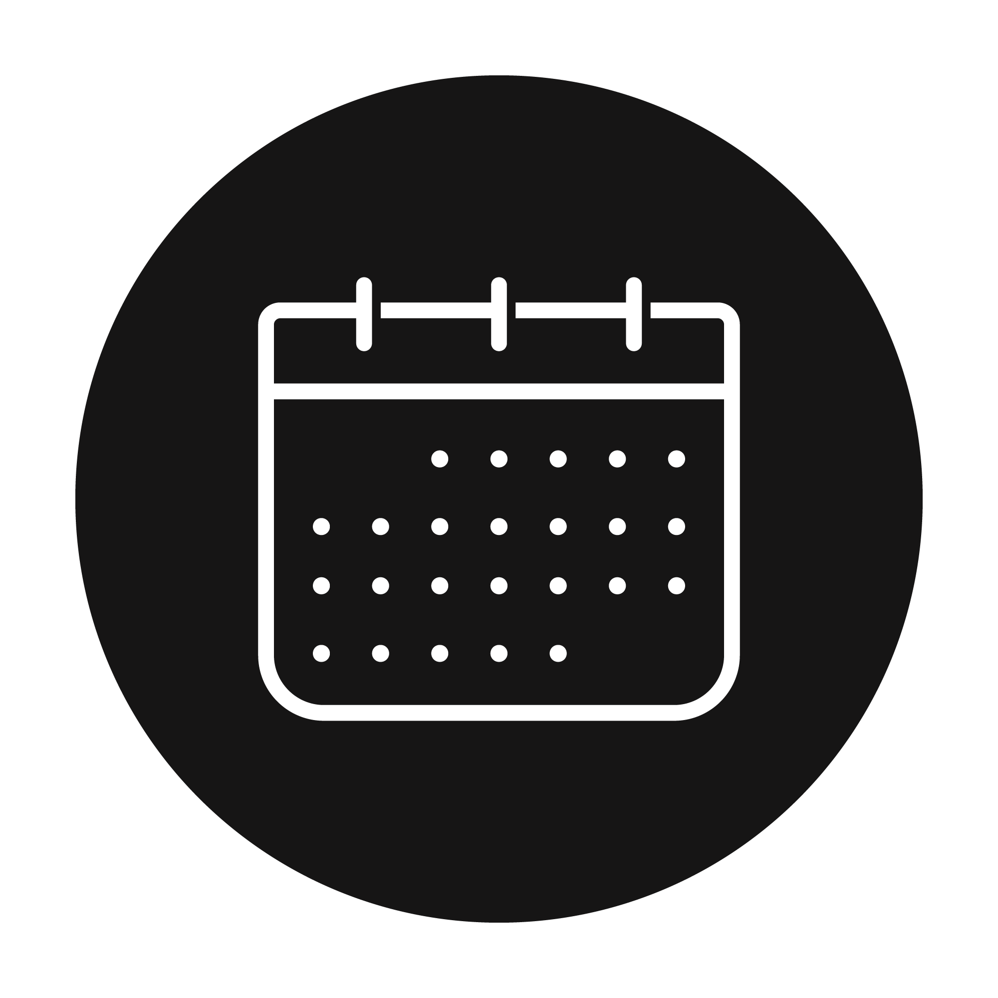 Icon of a calendar with dots representing dates.