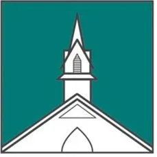 Outline of a church steeple with a cross on top against a teal background.