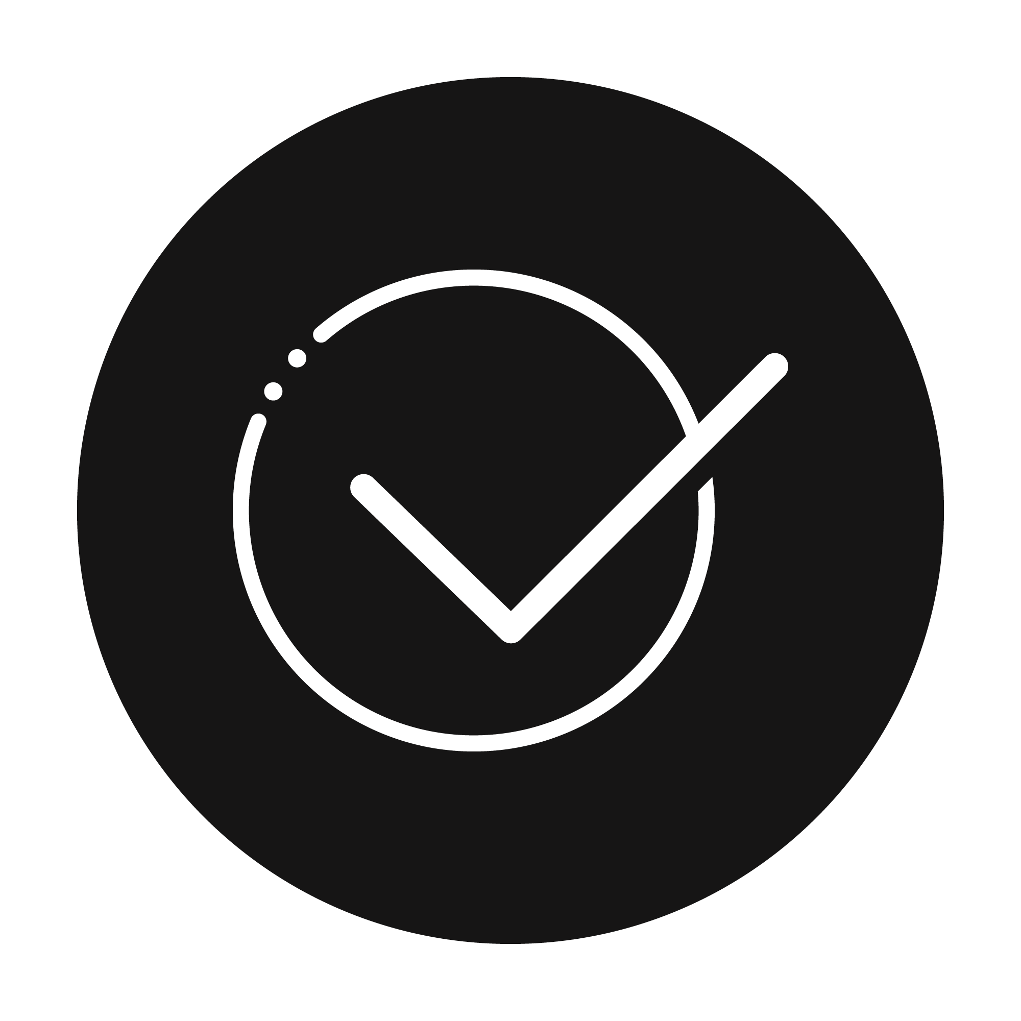 Black circular icon with a white check mark inside a partial circle.