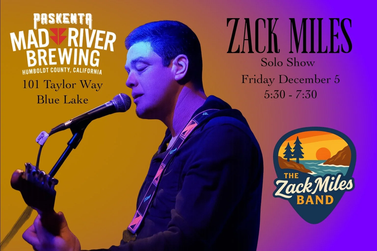 Zack Miles is back in Blue Lake 🎶

Come hang with us at Paskenta Mad River Brewing for an evening of live music, good beer, and laid-back vibes.

📍 Paskenta Mad River Brewing &ndash; Blue Lake, CA
📅 Thursday, December 5
⏰ 5:30 &ndash; 7:30 PM

🍻
