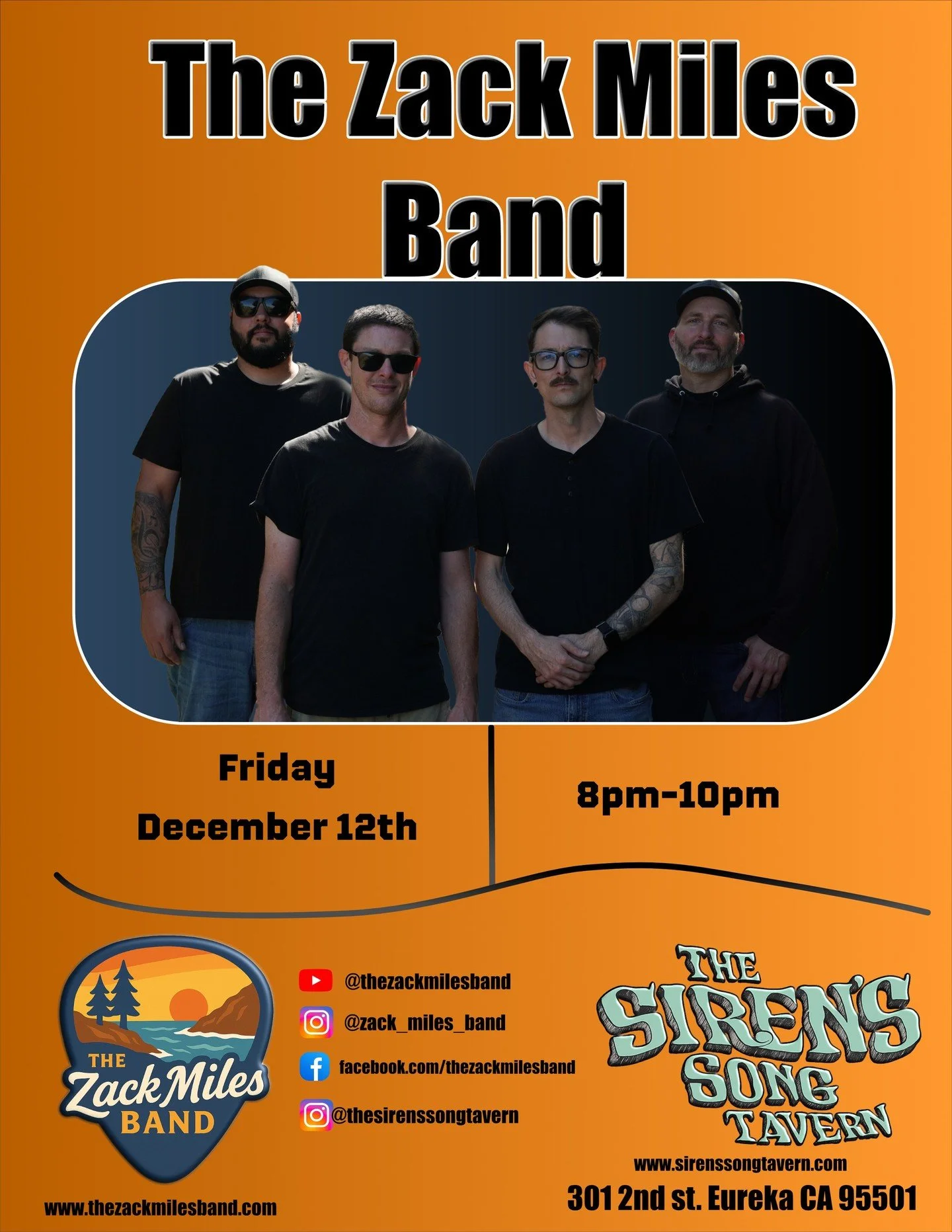 🎶 This Friday Night! 🎶

The Zack Miles Band is back @thesirenssongtavern this Friday, December 12 from 8&ndash;10 PM!

Expect good vibes, great songs, and a fun, upbeat set to kick off your weekend. Grab a drink, bring some friends, and come hang w