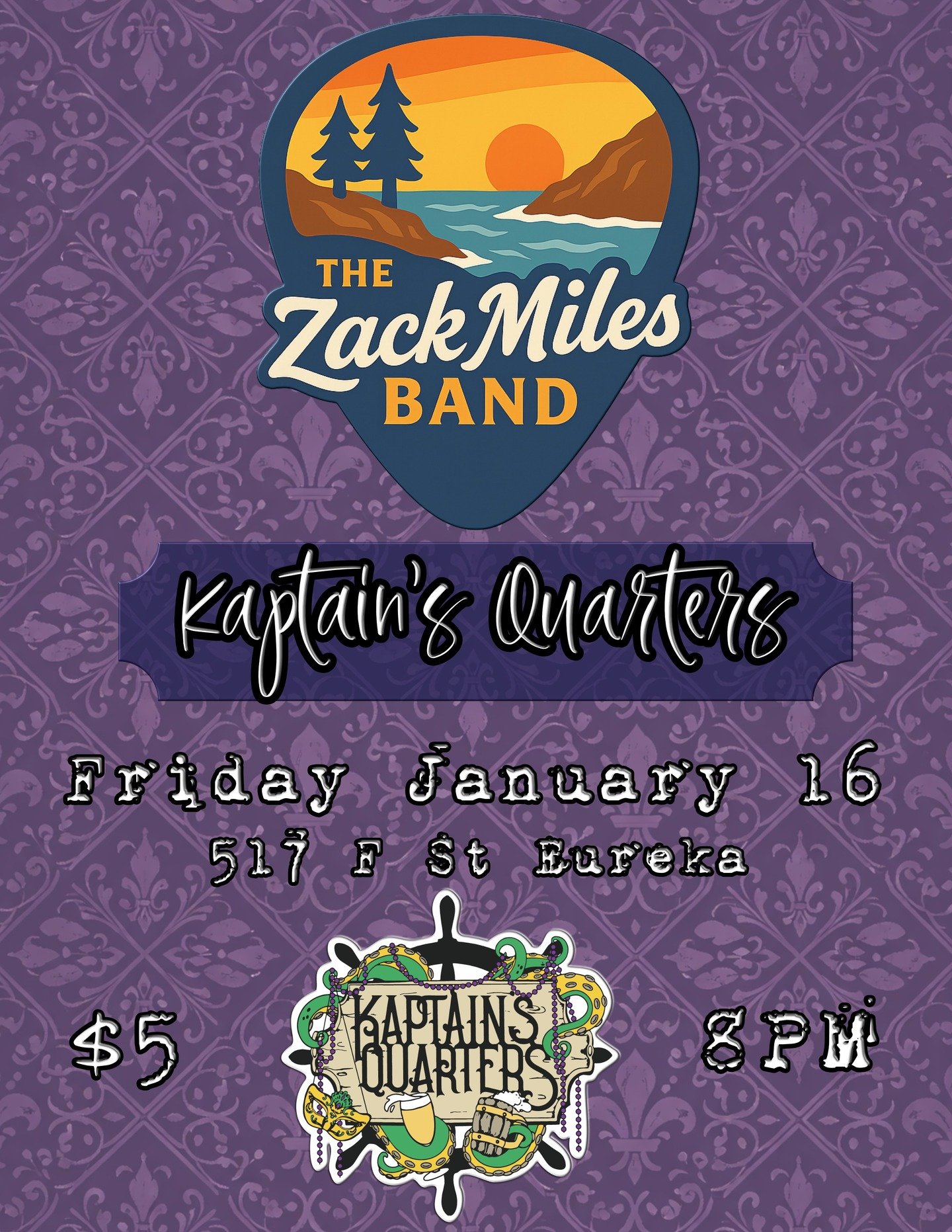 🎶 Live in Eureka 🎶
The The Zack Miles Band are bringing the tunes to Kaptain&rsquo;s Quarters

📍 Eureka, CA
🗓️ January 16
⏰ 8 PM

Come hang, grab a drink, and kick off the weekend right.

See you there. 🍻🎸

#thezackmilesband #livemusic #eurekac